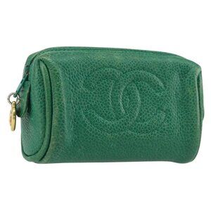 CHANEL Coin Purse Grained Calf Skin Green Gold CC Auth 157170
